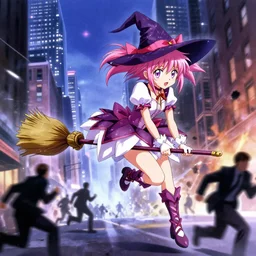 a sparkling image of a ps2 magical anime witch from madoka magicka. the witch is psychic. she is flying on a broom through new york. people are running for their lives. terrorist attack.