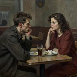 dark oil realistic painting a gaunt man looking at a beautiful brunette woman in a soviet cafeteria