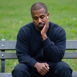 dslr photo still of sad kanye west sitting on a park bench with a tear on his cheek, 8 k, 1 1 0 mm f 1 6