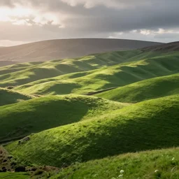 a beautiful photograph of green rolling hills, sunny, scotland, soft lighting, ultra wide angle lens