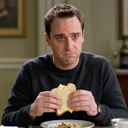 Ross Geller as The American Psycho sweating as he looks at you in psychopathic disbelief after you tell him you ate his sandwich with the moist-maker