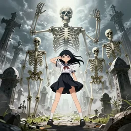 kawaii girl in front of necropolis, skeletons behind, huge amount of details, masterpiece,  posing for instagram, epic cinematic still, dynamic perspective, anime style, beautiful volumetric light