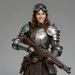 female artificer with futuristic rifle, tubes connecting mediaeval half plate armor to rifle, brown hair, smiling, portrait, goggles over forehead, trending on artstation
