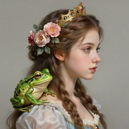 hyperdetailed fantasy profile portrait of a realistic princess and the frog, floral hair, by greg rutkowski, highly detailed, digital painting, artstation, smooth, sharp focus illustration, artstation hq. intricate, elegant, 8 k, unreal engine. art by wlop and artgerm and ayami kojima. dan mumford, tomokazu matsuyama, takato yamamoto