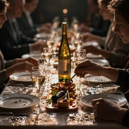 closeup photo of a fancy dinner party in which everyone and everything is moist.