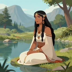 harpy girl, inka priestess, sitting at a pond, mountainous area, trees in the background, digital art