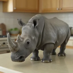 a rhinoceros in a grandma kitchen, by mini dv camera, very very low quality, heavy grain, very blurry, accidental flash, webcam footage, found footage, security cam, caught on trail cam