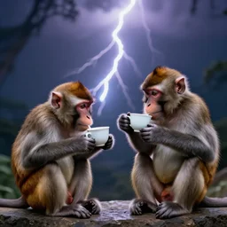 two monkeys drinking tea, a lightning bolt in the background, hollywood effect, real photo