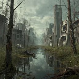 abandoned urban swamp by artstation, deviantart, artfol, artbox, cgsociety, gfxartist, artful, zatista, artpal, instagram, blendernation, frank stella, beeple, giger, kopera, zawadzki, abstract, surrealism,, hyperrealism, futurism 4 k, octane