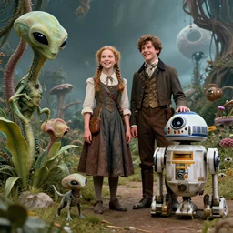 detailed, sharp, a girl and a boy standing next to some alien plants with their droid next to them, looking happy, wearing 1850s era clothes, their small pet alien creature is standing nearby, in a park on an alien planet, steampunk, extremely highly detailed, hyperrealistic, in focus faces, highly detailed faces, 70 mm still from a period sci fi movie, 4k, HD
