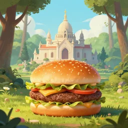 macdonalds * hamburger * temple in dream forest in the middle of nowhere. art, artstation