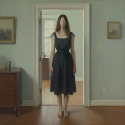 a surreal painting of a faceless woman standing in a foyer