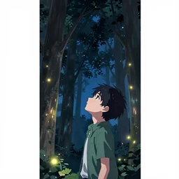 vertical panoramic anime still of a character looking up, tall trees, nighttime with fireflies, young character, trending on artstation, digital art