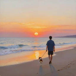 man walking his dog at the beach at sunset, acrylic painting, far view
