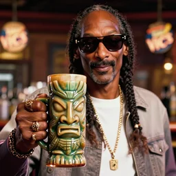a closeup photorealistic photograph of snoop dogg at trader vic's bar holding a tiki mug featuring his face on the front. brightly lit scene. this 4 k hd image is trending on artstation, featured on behance, well - rendered, extra crisp, features intricate detail, epic composition and the style of unreal engine.