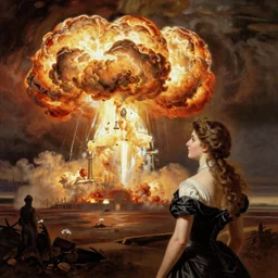beautiful young woman looking at giant nuclear explosion, artwork by Bierstadt, Albert