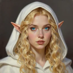 a head - on detailed oil portrait of a distinguished elf woman wearing a white hood with long!! curly!! blonde hairs and bright irises, by charlie bowater, lise deharme, wlop, trending on artstation, dungeon and dragons art, l critical role