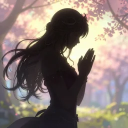 Silhouette of a praying woman, intricate, elegant, fantasy, highly detailed, digital painting, concept art, Junji Ito, sharp focus, illustration, beautiful volumetric lighting, epic light, artstation, magic hour lighting, colorful, sunshine, springtime, art by Sylvain Sarrailh