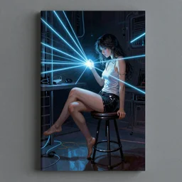 An epic fantastic realism graphic novel cover style painting of a beautiful girl sitting on a stool in a dark room with laser light,  cyberpunk, dynamic lighting by Paolo Eleuteri Serpieri