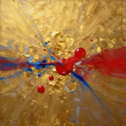 abstract oil matte painting, golden acrylic liquid, red dollops, blue strains, wonderful masterpiece highly detailed, beautiful cinematic light deep focus, elegant, smooth, sharp focus, golden ratio, dramatic illumination, ultra realistic, 8 k, art by kristina alisauskaite and caravaggio