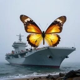 on a foggy morning, a giant glowing butterfly perches on an aircraft carrier stranded on the coast, by craig mullins