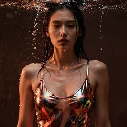 sensual wet fashion model in soda water, in the style of irakli nadar, liquid metal top, effervescent, warm, dark, brooding, poster art, high detail, hyperrealistic, deep mood, hyperrealism, 3 d, epic and cinematic, roger deakins on cinematography