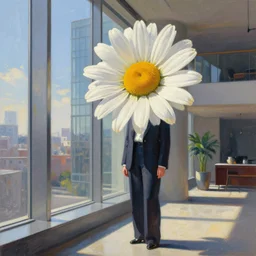 a giant daisy flower as a head, woman in suit, standing next to modern window in luxury loft, surreal photography, sunlight, impressionist painting, digital painting, artstation, simon stalenhag