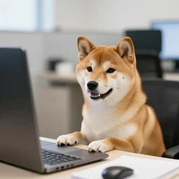 shiba inu working in office, high quality photo