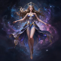 a highly detailed illustration of elegant goddess wearing cosmic dress, elegant floating pose, beautiful detailed figure, nebula background, intricate, elegant, highly detailed, centered, digital painting, artstation, concept art, smooth, sharp focus, league of legends concept art, wlop