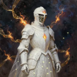 breathtaking detailed soft painting of white knight in armor, gauze dress of fireflies and art nouveau sallet of embers, rembrandt style, in a cosmic nebulae with golden ribbons flying in flames, elegant, highly detailed, artstation, concept art, matte, sharp focus, art by Anato Finnstark, Artgerm and Greg Rutkowski