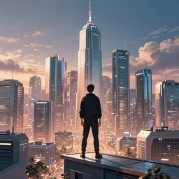 man standing on ledge facing a futuristic city skyline, 4 k - hd