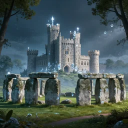 a big castle, stonehenge, highly detailed, crystal lighting, mystical, forest, hyperrealistic, 4 k, unreal engine, dramatic lighting, magical, beautiful,