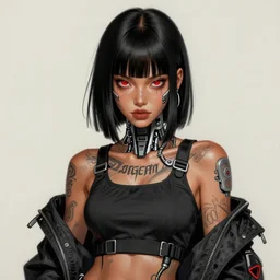 gorgeous!! hyper - realistic demon girl with tan skin, short black hair, long bangs, red eyes, tattoos, cybernetic implants | wearing modern streetwear, techwear | intricate, digital painting, illustration, photorealistic, grunge, ultra graphics | drawn by wlop, drawn by jeehyung lee, drawn by argerm