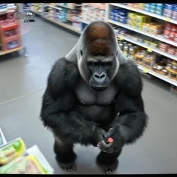 cctv footage of gorilla in walmart, high angle security camera feed, blurry and glitchy,