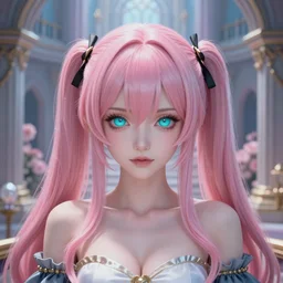 trapped by stunningly beautiful omnipotent megalomaniacal otome anime asi goddess who looks like junko enoshima with symmetrical perfect face and porcelain skin, pink twintail hair and mesmerizing cyan eyes, inside her surreal vr castle where she controls you completely!!!, hyperdetailed, digital art from danganronpa, 8 k