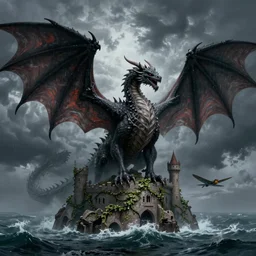 dragon, huge wings, scary weather, stormy, ocean, exudes terror ， island ， castle ， vine, spitfire, photography, hyperrealistic, by greg rutkowski, smooth, illustration, elegant, artstation, digital painting.
