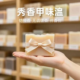 a hand holding up a hand made scented bar of soap with a ribbon around it, soap shop in the background, studio advertising photography