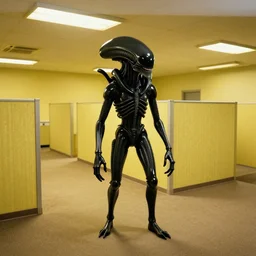 black glossy xenomorph, alien movie, backrooms, endless abandoned office cubicles, pale yellow wallpaper, walls are plastered in only mono - yellow, rectangular florescent lights randomly arranged on a drop - down ceiling, and a old, tan - brown carpet across the floor snaking in between the cross - section walls, artstation, ultra detailed, poloroid, dramatic lighting, photorealistic, art by h. r. giger and chris foss and beksinski