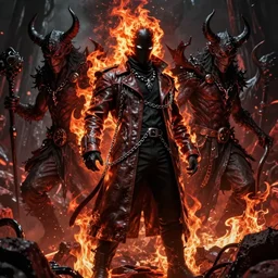 Ghost Rider wearing a leather coat and chains, flaming grim reaper, demons of hell, the pits of hell, headshot photo, character concept, dark souls concept art, Feng Zhu concept art, dramatic lighting, highly stylized, trending on artstation, high-quality wallpaper, desktopography