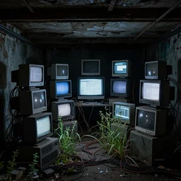 A dark abandoned basement full of old computers, cables, screens. Overgrown with weeds and grass. Cinematic lighting