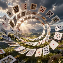 whirlwind of playing cards, volumetric lighting, landscape