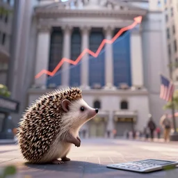 hedgehog looking at the market curve in the world trade center in wall street, octane render, blender, maya