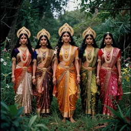 a cinematic fashion portrait of Hindu goddesses standing in a wild overgrown garden, by Tim Walker and Ansel Adams and Bharat Sikka, shot on a large format film camera, HDR, HD, dramatic soft lighting,