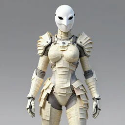 female adventurer in tight full - body sticky note stack armor and a white porcelain crow mask, trending in artstation, japanese, artstation, establishing shot