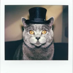 polaroid photograph of a Russian Blue cat with amber eyes wearing a top hat, kodak 2383 vision color, god rays, depth of field, award winning photography, 4k, hd