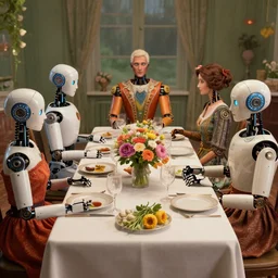 a table dinner of humanoid robots where robots are dressed like the characters from the midsommar movie wearing flowers, realistic detailed digital art by maxwell boas jessica rossier christian dimitrov anton fadeev trending on artstation cgsociety rendered in unreal engine 4 k hq