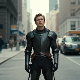still frame from a movie, wide shot of an relieved tom holland in a knight suit in the center, urban, rule of third, alexa 65, cooke prime 25mm, cinematic, film grain, flare