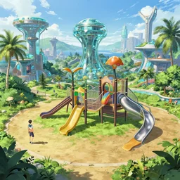 a beautiful ultradetailed anime illustration of playground nature by pierre de meuron, bioshock futuristic wilderness atlantis made of glass cgsociety vice city retro evil desert matte painting fisheye galactic postcyberpunk retrowave nightsky neon noir sunlight, archdaily, wallpaper, highly detailed, trending on artstation.