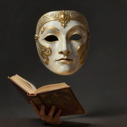 Magic Floating Thespian Mask reading a book, Ivan Aivakovsky, Boris Vallejo, epic fantasy character art, D&D Concept Art, full length, Realistic, Regal, Refined, Detailed Digital Art, Oil Paining, Exquisite detail, post-processing, masterpiece, Cinematic Lighting, Unreal Engine, 8k, HD