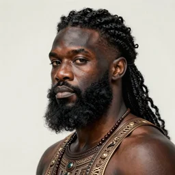 portrait black jason momoa as himba prince, curled beard, intricate, elegant, highly detailed, digital painting, artstation, concept art, smooth, sharp focus, illustration, orientalism, bouguereau, rutkowski, mucha
